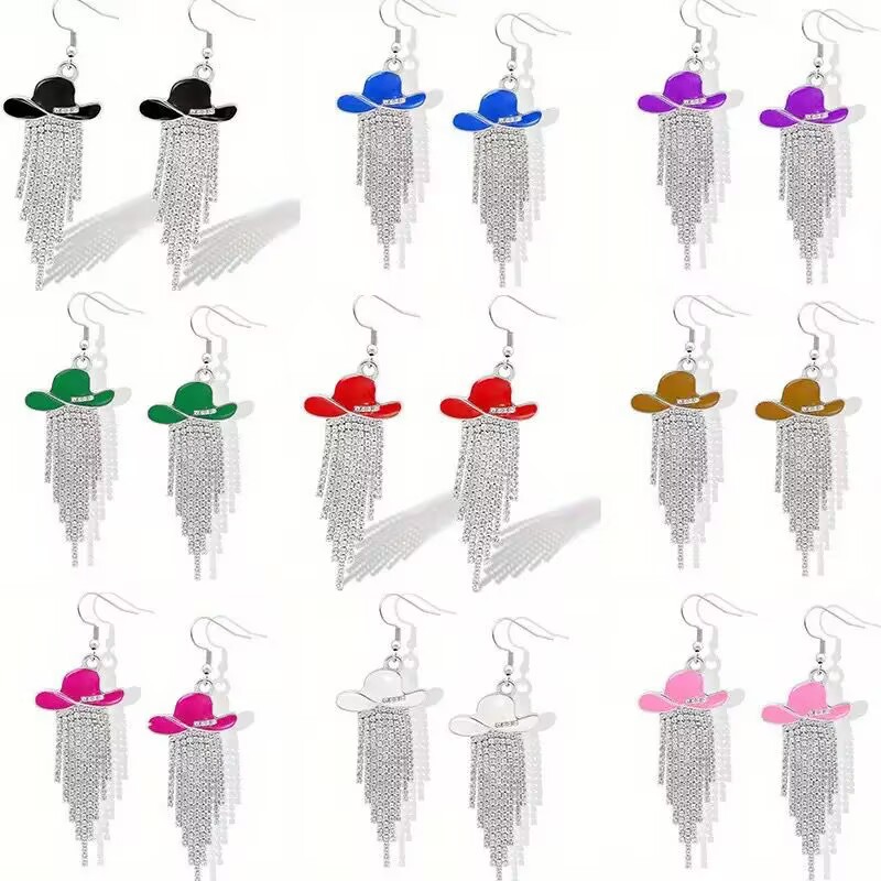 European and American Women's Pink Tassel Cowboy Hat Earrings Long Earrings Sweet Diamond High-end Light Luxury Jewelry Earrings