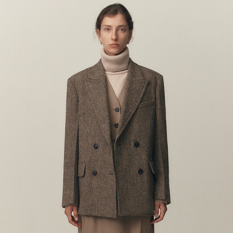 Low Home-Made Spot Herringbone Woolen Suit Jacket for Women 2024Ss Autumn and Winter Wide Shoulder Loose Woolen Jacket