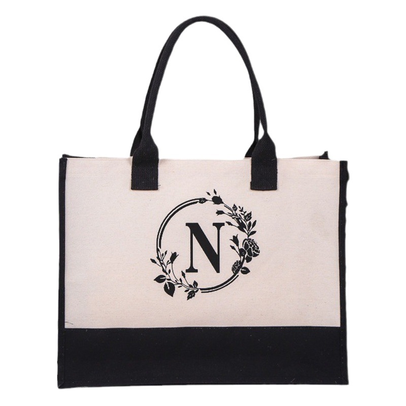 En stock de algodón y lino lienzo carta bolsa de playa moda europea y americana bolso de compras de la lona del bolso logotipo personalizado