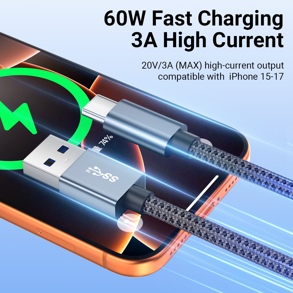 USB3.0 Cable 10Gbps Braided Jacket a to c 60W Charging Cord 3