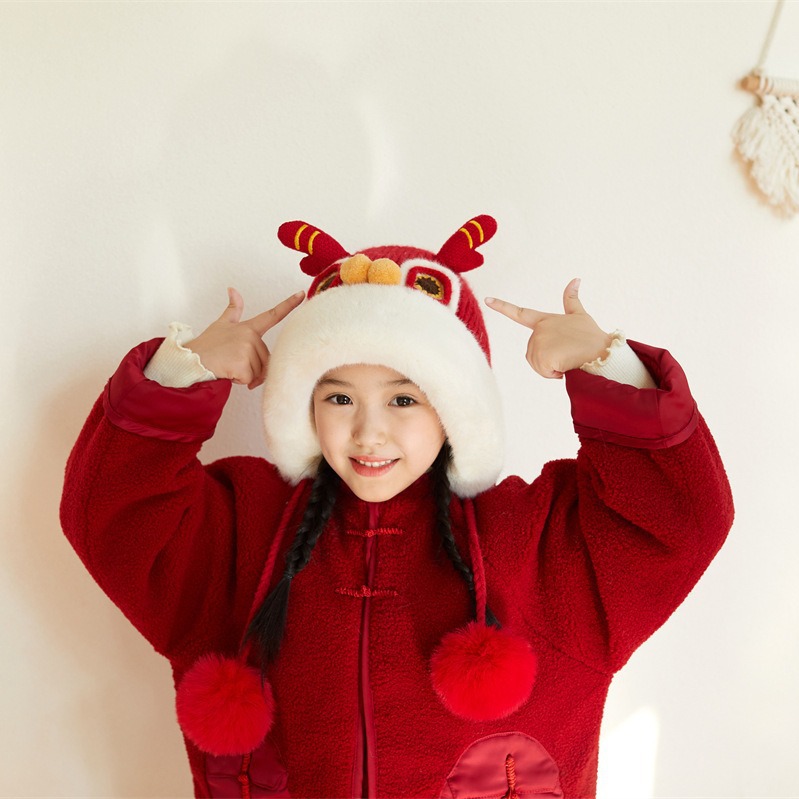 Invierno nuevo sombrero de lana de punto de ángulo de dragón sombrero para niños de tamaño mediano y grande caliente sombrero de peluche chino para leones