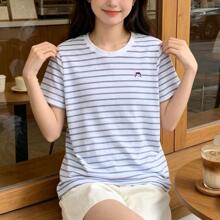 4496-/夏季新款条纹小美女绣花女士小清新针织短袖