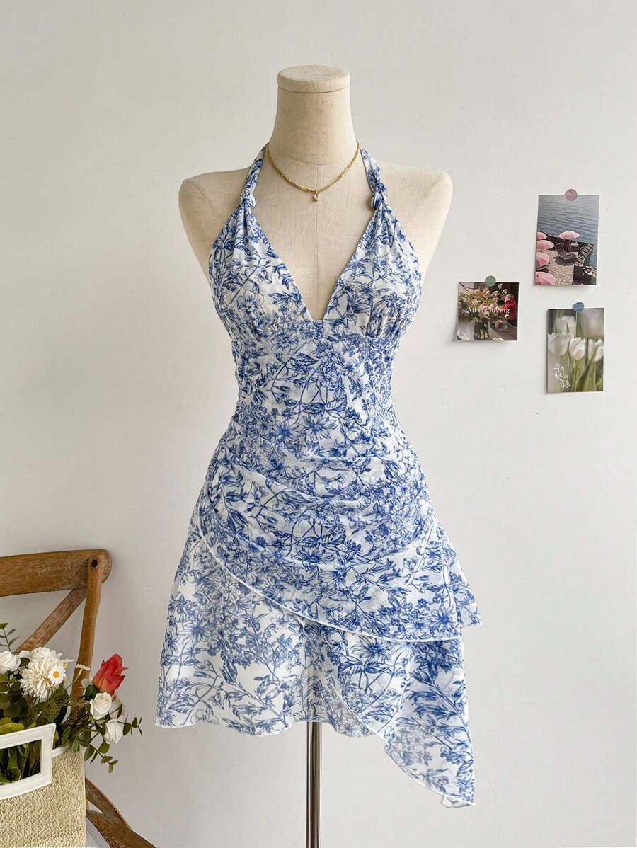 Blue Floral Mesh Dress Fashionable Elegant Casual Slim-Fitting Women's Clothing/Dress_ecoleips.com