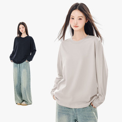 2025秋季新款300g重磅精梳纯棉T恤女长袖宽松上衣纯色内搭打底衫