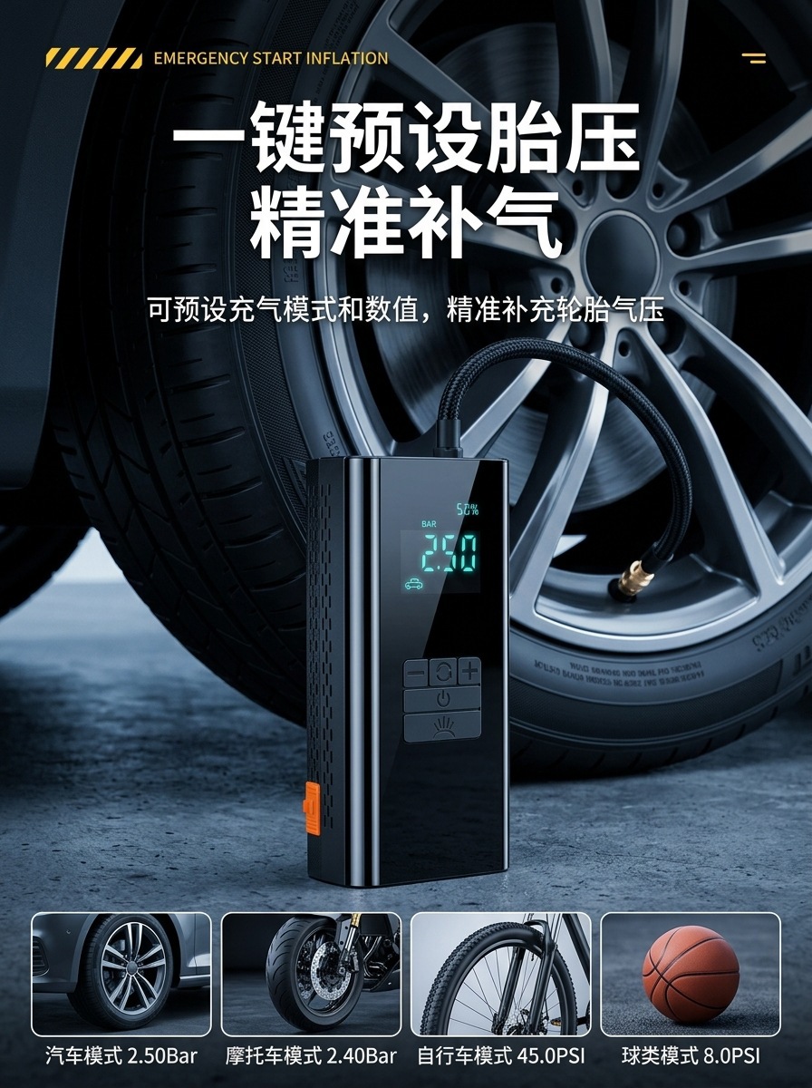 Car emergency starting power supply, vehicle-mounted air pump, battery jump starter, large-capacity tire inflator, fully certified for cross-border use