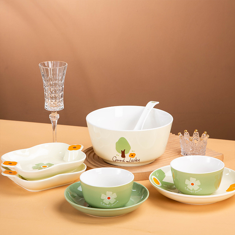 Jingdezhen Tableware Simple Gift Box Set Household Dishes Noodle Bowl Spoon Soup Bowl Underglaze Color Ceramic Bowls and Plates Cute and Fun