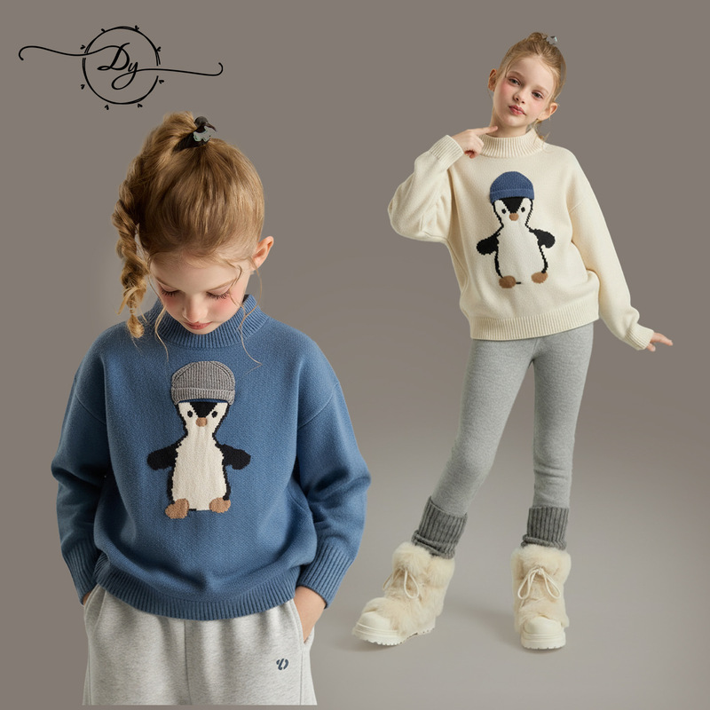 Girls' Jacquard Stylish Sweater with Penguin Design, 2026 Spring and Autumn New Style, Pullover Knit Top for Older Children, Trendy