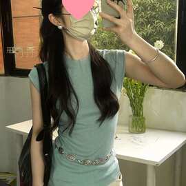 蓝色半高领针织正肩短袖t恤女夏季2024新款修身显瘦辣妹上衣短款