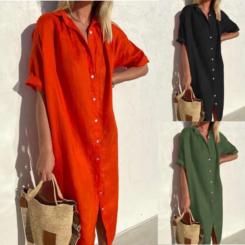 AliExpress Independent Station Women's Elegant Casual Loose Short-sleeved Button Dress Cotton Linen Long Pocket Shirt dress