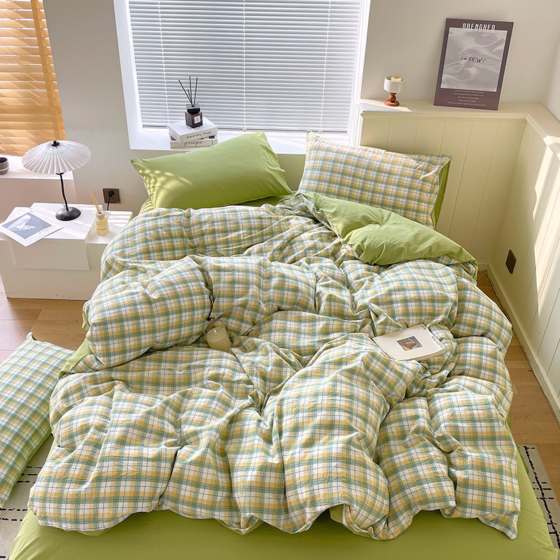 Juego de tres piezas de algodón lavado teñido en hilo, dormitorio de estudiantes universitarios, juego de literas, sábana, sábana, sábana, juego de cuatro piezas