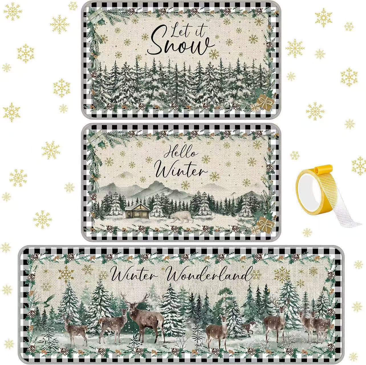 Cross-border Christmas kitchen floor mat three-piece set, corridor dirt-resistant and wear-resistant foot mat, home use long strip dustproof decorative floor mat