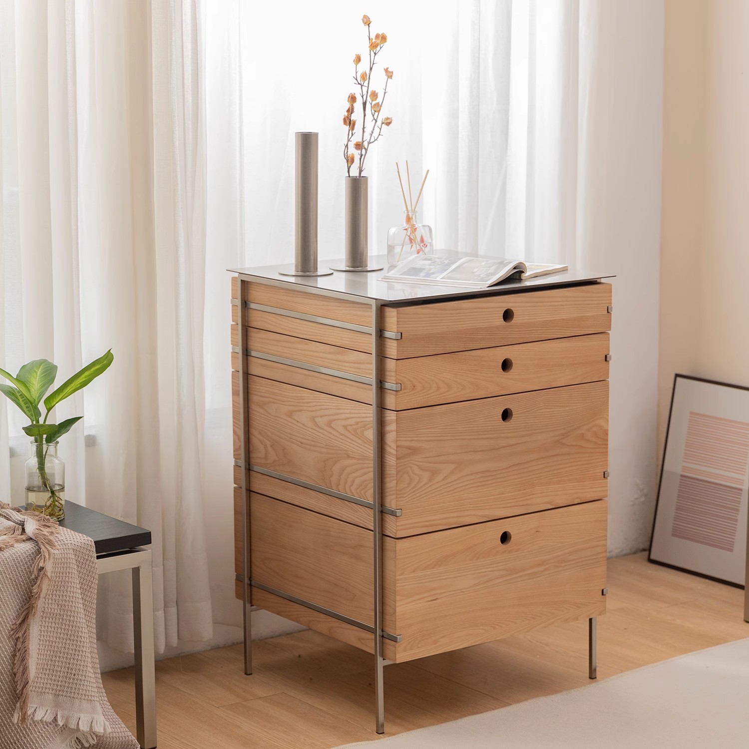 Cajón de roble nórdico, gabinete de comedor, gabinete de almacenamiento, cajón, gabinete multifuncional de acero inoxidable minimalista de madera maciza, simple y moderno