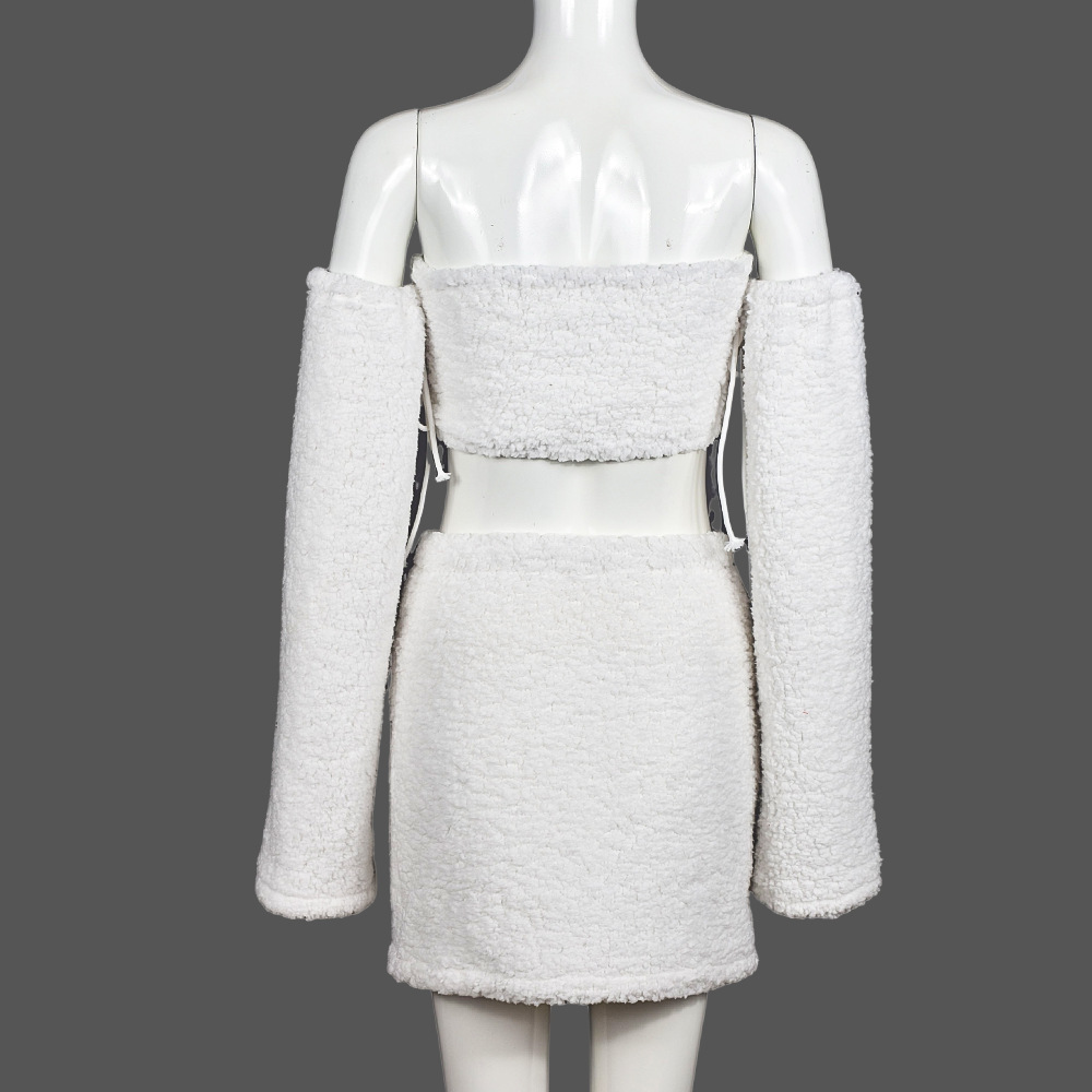 Autumn Winter Double Sided Plush Sexy Tank Top Hollow Out Cutout Cropped Skirt Set