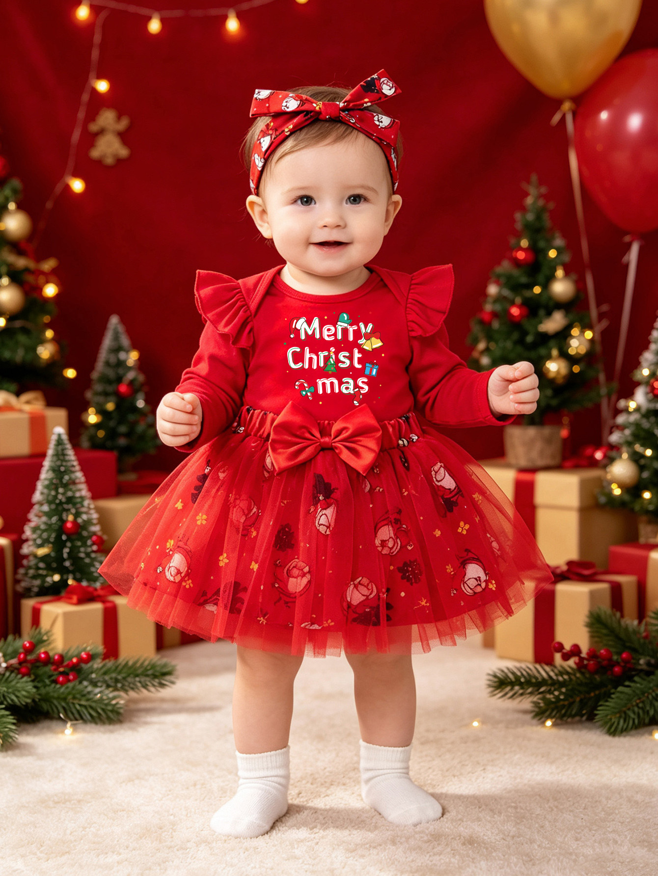 2026 New Christmas Baby Clothing Long-Sleeved Romper, Skirt, Hair Accessories 3-Piece Set Baby Christmas Party Outfit
