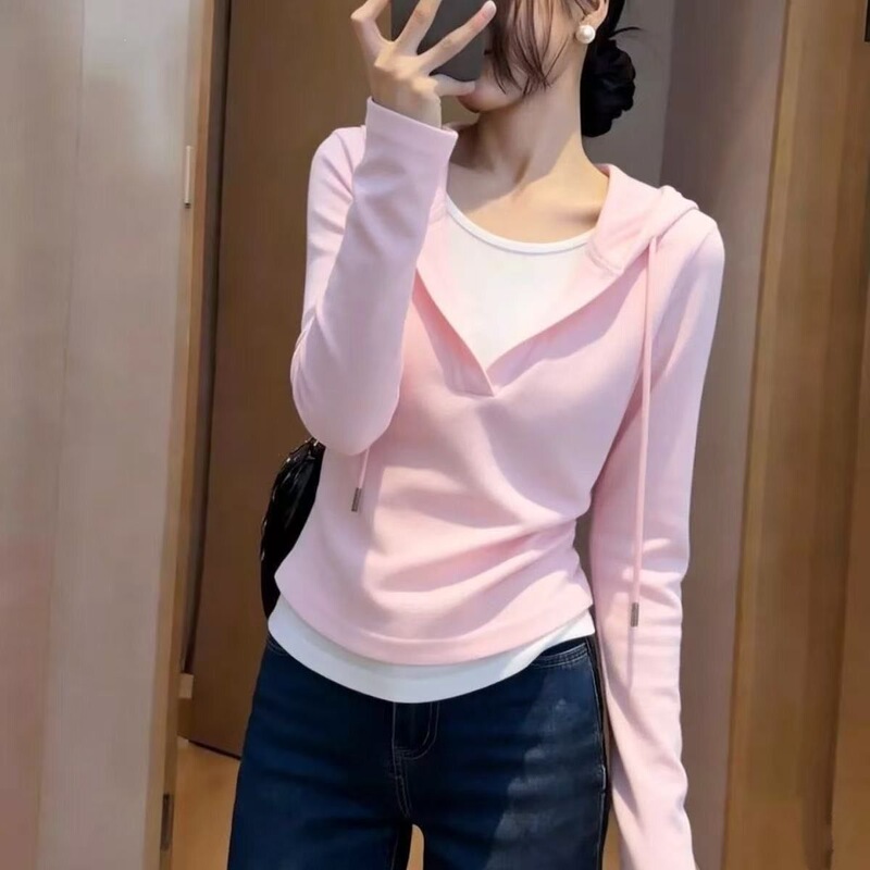 Scissor Stone super stylish and gentle long-sleeved loose-fitting girly pink faux two-piece new top 2026 early spring collection