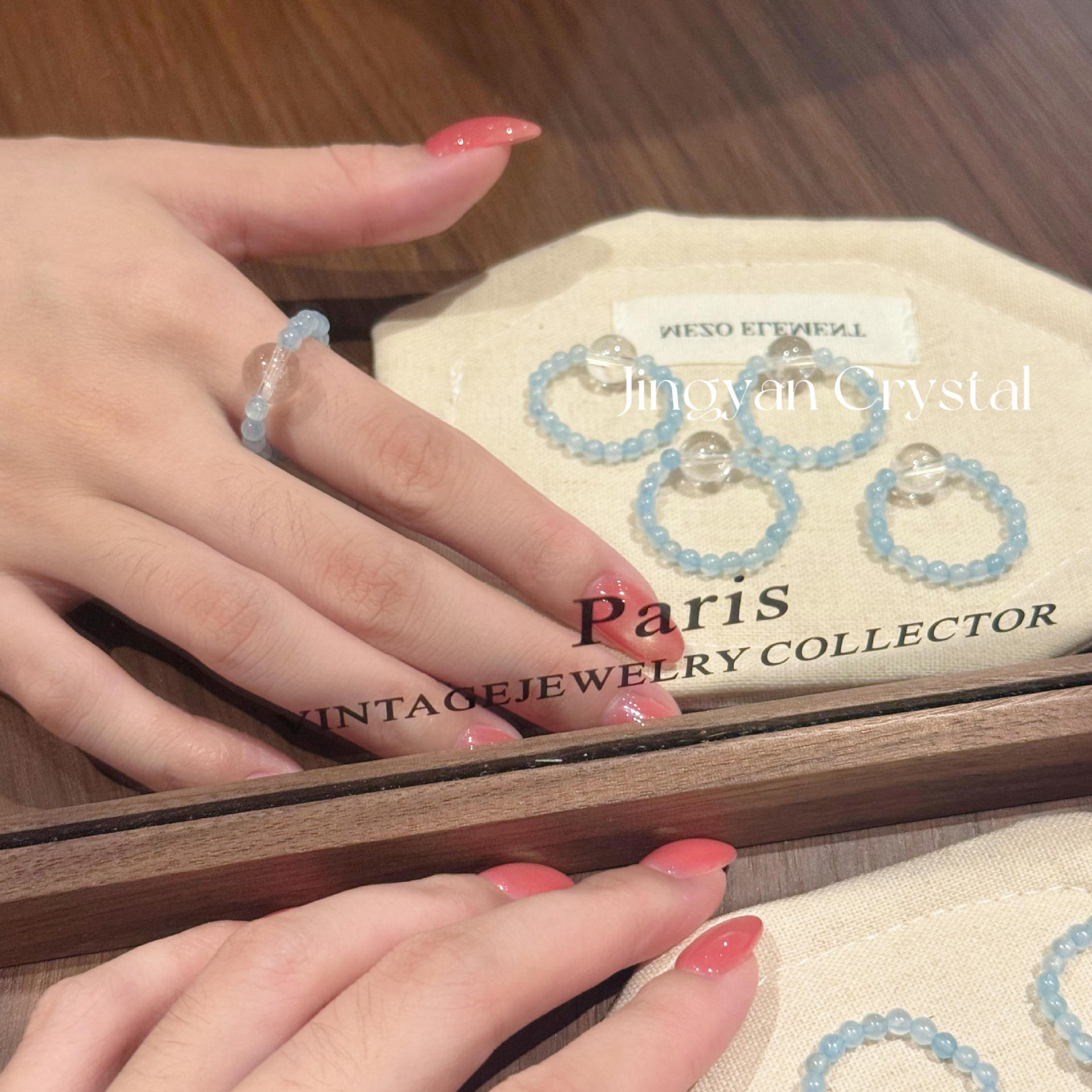 Original design, natural crystal, aquamarine, and white crystal bead bracelet, simple summer style, wholesale for live streaming sales, women's ring