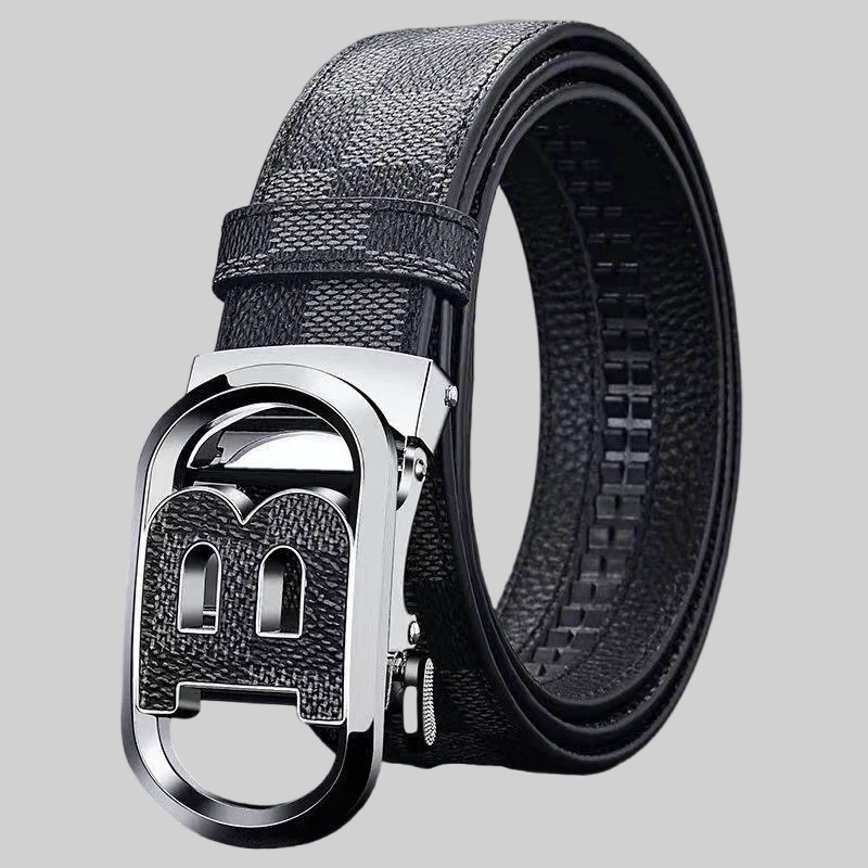 Cinturón de Cuero Genuino de Dos Capas para Hombre, Estampado de Cuadros, Hebilla Automática, Estilo Casual de Lujo