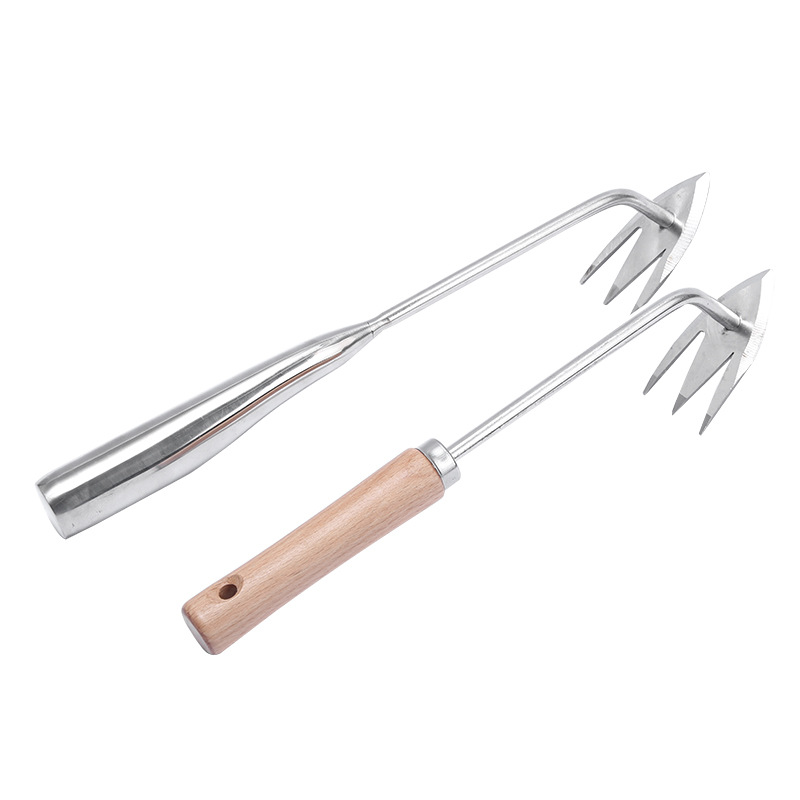 Al por mayor de acero inoxidable weeding artefacto tirando hierba pequeño Rake hogar cavando verduras silvestres engrosada mango de madera pequeña azada herramientas agrícolas