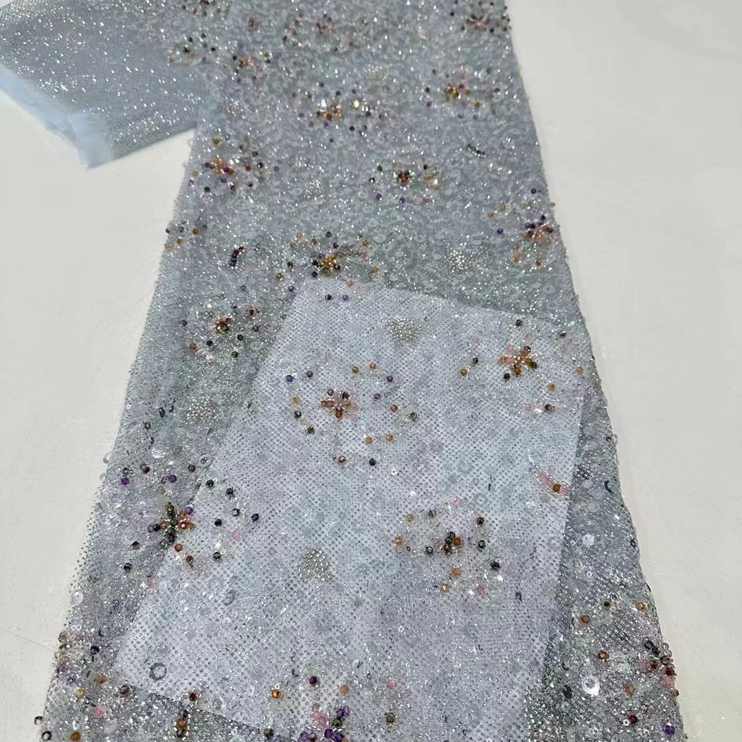 Polvo de polvo de tela de sequilla de encaje cuentas bordadas vestido de boda cheongsam bordado tela de sequilla