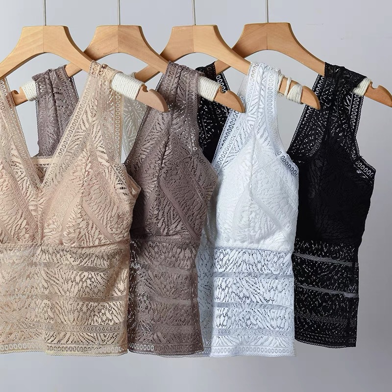 Yongsheng Qi primavera y verano nuevo encaje completo con cuello en V de longitud media belleza espalda envuelta en el pecho desgaste exterior bottoming todo fósforo Chaleco de encaje para las mujeres