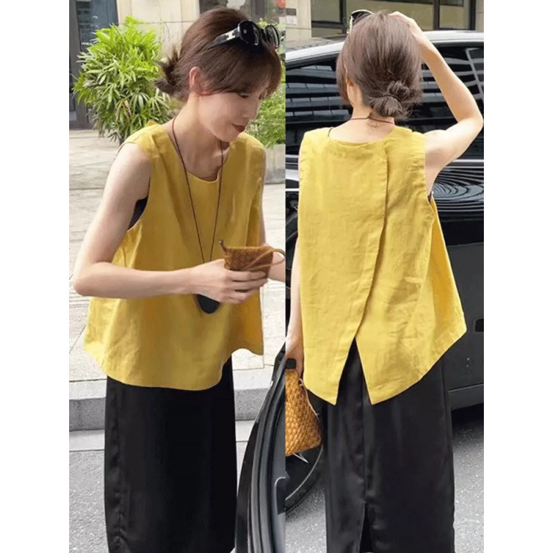 2026 Summer Fashion Versatile New Cotton and Linen Large Size Loose Slimming Comfortable Sleeveless Round Neck Chic Back-Buttoned Top