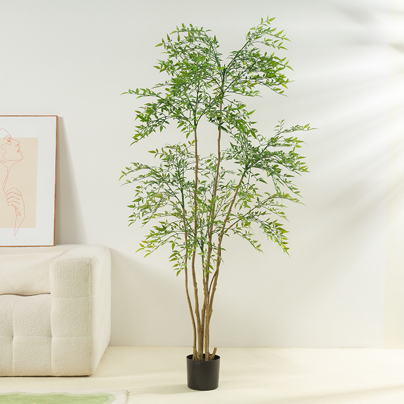 北歐風仿真綠植南天竹盆栽家居室內裝飾擺件秋色綠色楓樹假植物