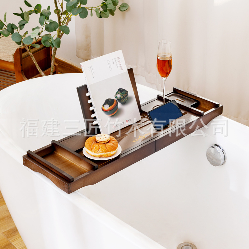 Bamboo Bathtub Rack Towel Tray Reading Shelf Retractable Bathtub Storage Rack Bamboo Shelf No Drilling Required