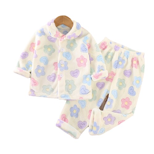 Children's thickened flannel pajama set for kids, cute cartoon coral fleece loungewear for baby girls