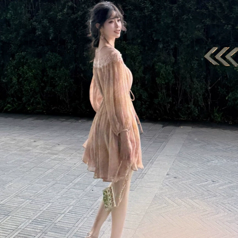 Супер сказочное платье на одно плечо с ремешками для женщин, летнее новое стильное свободное шифоновое праздничное платье в стиле чистой страсти, закрывающее живот, для похудения