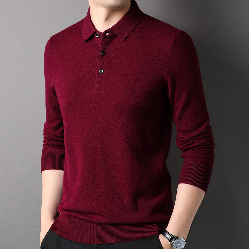 100 순수 양모 스웨터 남자 옷깃 스웨터 뉴 푸위안 스웨터 올 매치 니티드베이스 셔츠 탑