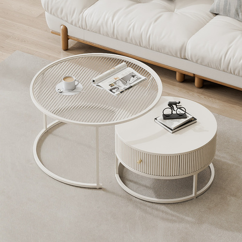 Small apartment retractable double coffee table simple slate drawer storage table cream style brown glass round table combination