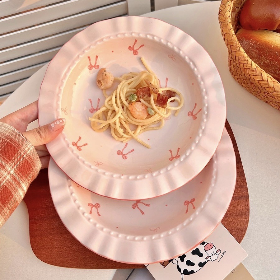 Bowknot 플레이트 세라믹 식기 고온 유약 컬러 소녀의 심장 귀여운 가정용 딥 플레이트 아침 식사 플레이트 디저트 플레이트