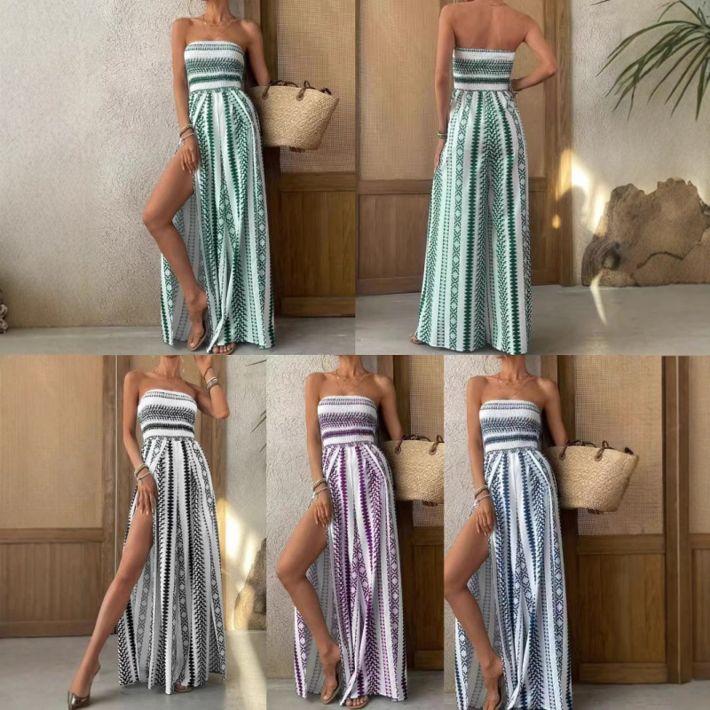 Cross-border Amazon 2025 Europe and the United States summer new fashion sexy printing trend tube-length split jumpsuit