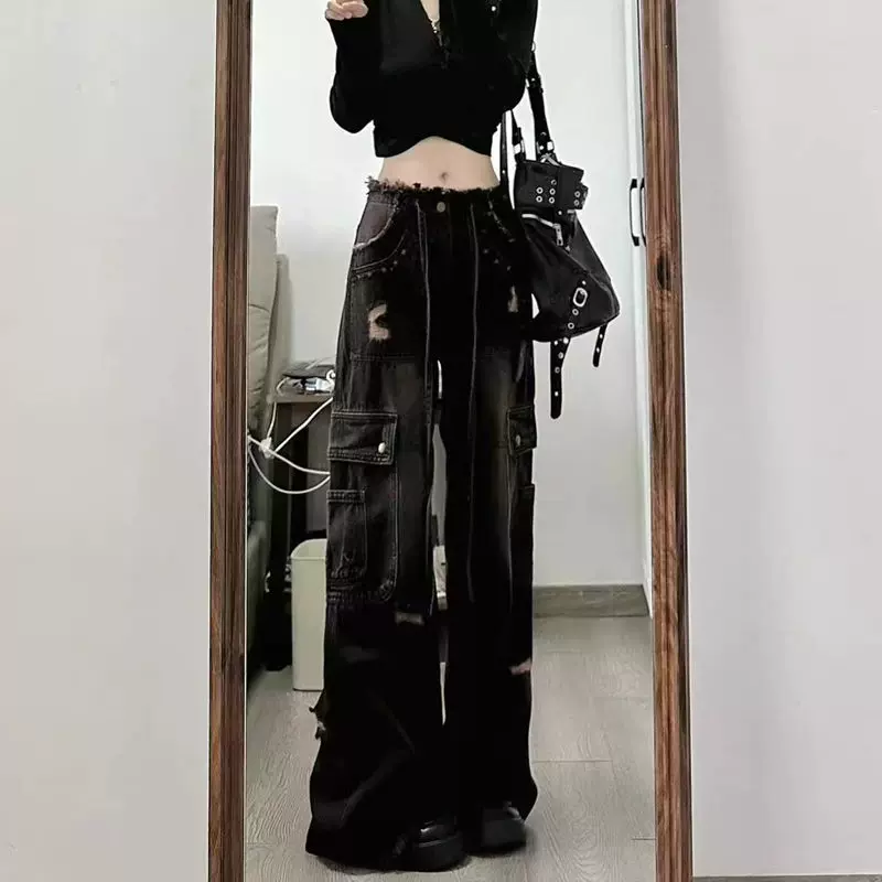 美式复古做旧毛边牛仔裤女2025年春季新款设计感宽松显瘦阔腿长裤