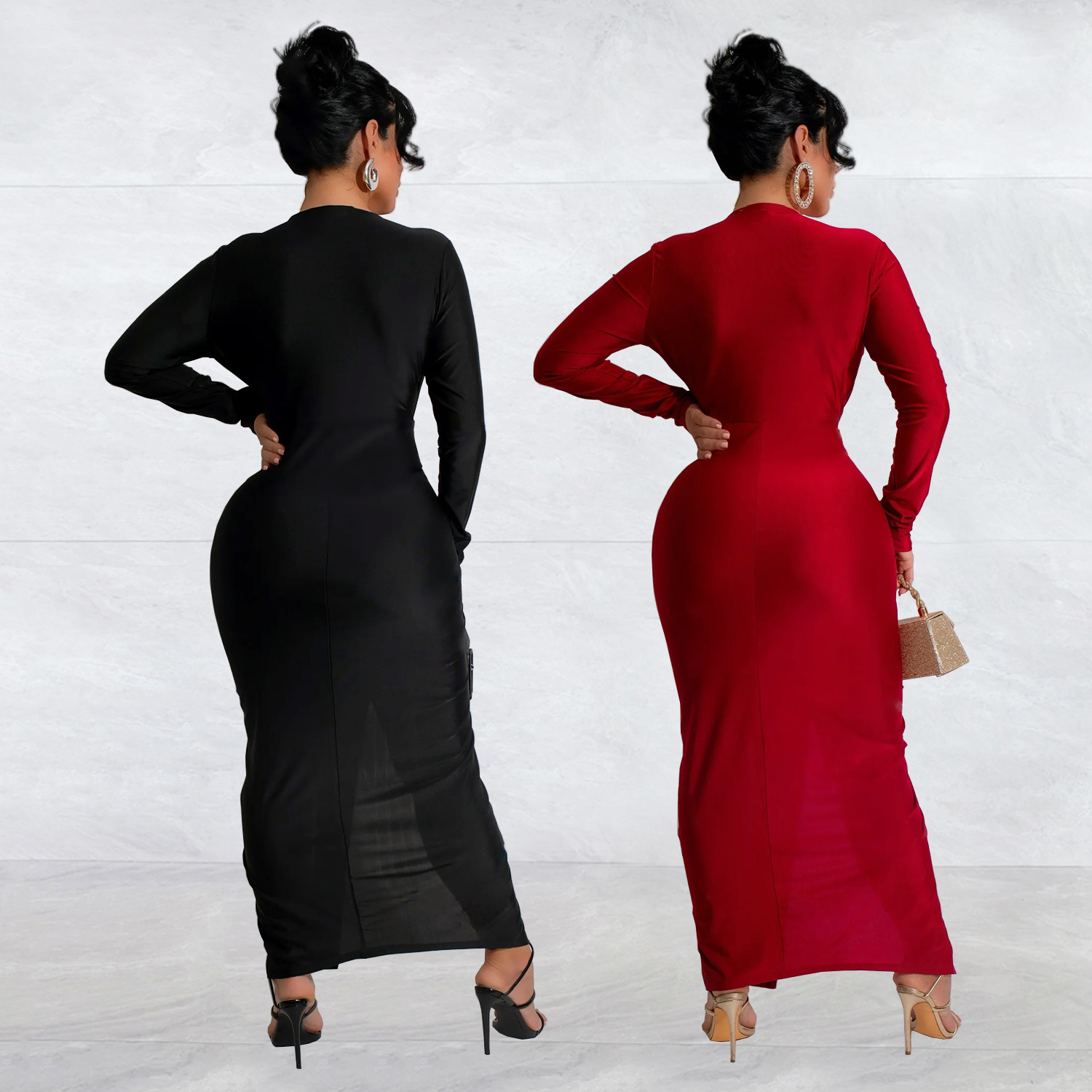 C7118 Aliexpress transfronterizo amazon moda europea y americana de mujer delgada V-collar bifurcado vestido de color sólido nuevo