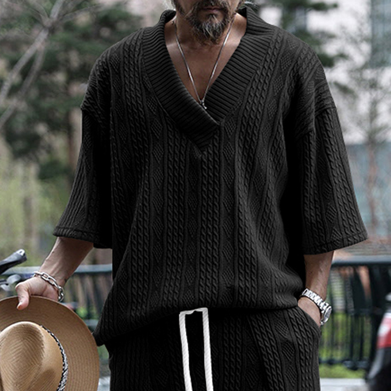 Cross-Border Camiseta de punto casual de los hombres de verano de manga corta suelta Amazon suelta gran cuello en V deportes color sólido camiseta de los hombres