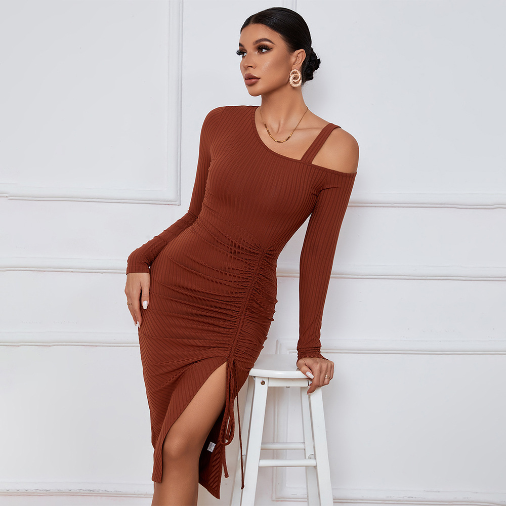 solid color drawstring off shoulder long-sleeved slit sheath dress NSYSQ136347