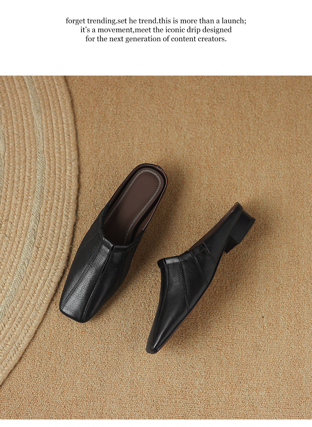 Giày mule nữ da dê mũi vuông đế bệt, phong cách Hàn Quốc — đen chi tiết 8