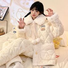 三层夹棉睡衣睡袄女士甜美开衫冬季加绒加厚保暖可外穿家居服棉袄