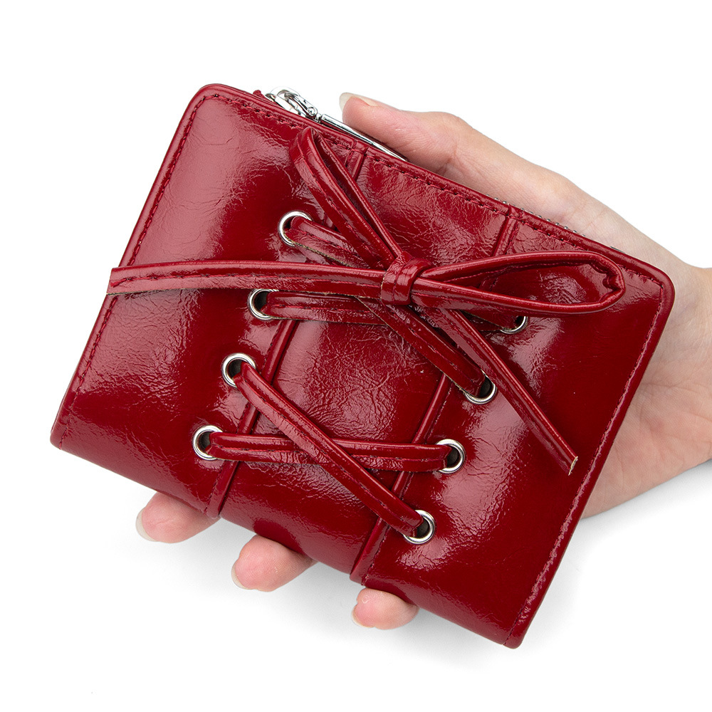 Korean-Style Ins-Style Bow-Tie Wallet, Cute and Simple, Versatile Oil-Wax Pattern Coin Purse, Short Style, Large Capacity Card Holder