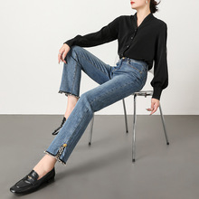 辣妹牛仔裤秋冬高腰显瘦脚口开叉毛边小女人味九分直筒牛仔A1660