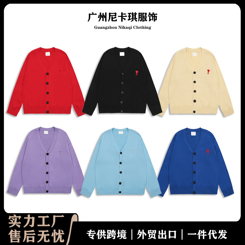 Heavy Weight! Ami Knitted Cardigan Small Heart Jacquard High Weight Loose Autumn and Winter Single-Breasted Wool Sweater Jacket