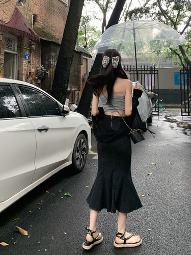 Vintage Cowboy Half-Body Skirt for Women, Autumn High-Waisted Slimming Split Medium-Length Personalized Bubble Butt Fish-Tail Skirt