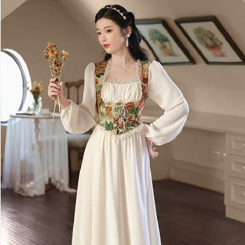 French-style court dress with vintage floral patterns, slimming, sweet and sophisticated, milky tea break escape princess dress
