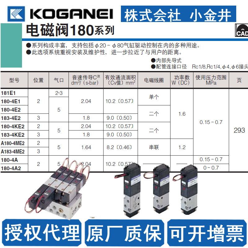 授权代理店直供 KOGANEI 小金井电磁阀 180-4E1-83-PLL-DC24V