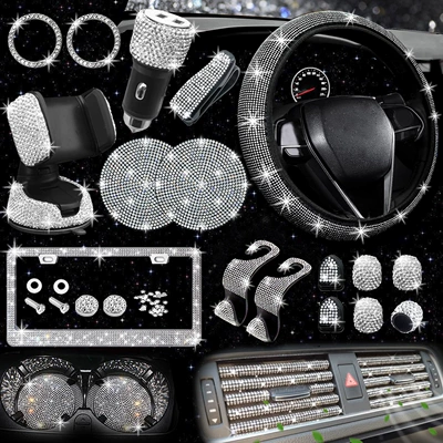 Car Steering Wheel Cover for All Seasons, Anti-Slip Diamond Combination, Multi-Piece Set, Mobile Phone Holder, Steering Wheel Protective Cover (Steering wheel cover) - white-38cm