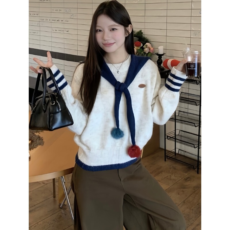 Sweet and youthful shawl-tie pullover sweater for women, autumn 2026 new style, age-reducing, color-blocking, loose-fitting knitwear, trendy