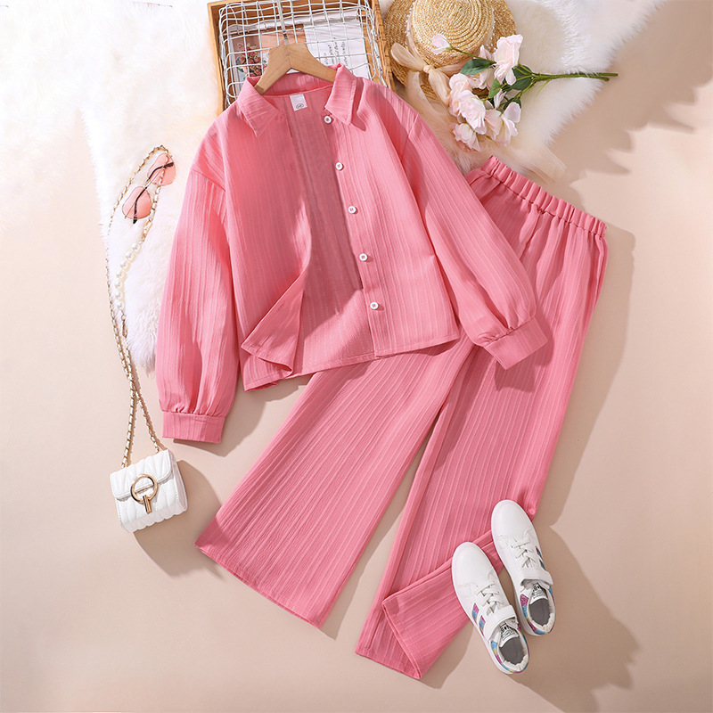 Conjuntos a juego para padres e hijos, para niños y niñas, primavera 2026, nuevo conjunto coreano de madre e hija con camisa de manga larga con cuello y pantalones largos, conjunto de dos piezas.