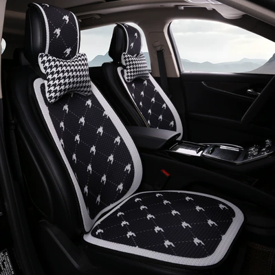 All Seasons, Linen Seat Cushion, Half-Wrapped Seat cushion, seat cover - houndstooth-black-large-grid-2-seat-cushions-for-driver-and-passenger-2-back-cushions-2-neck-pillows-honeycomb