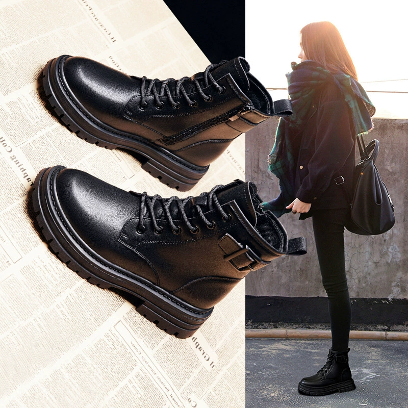 Натуральные кожаные ботинки Мартин для женщин, новинка 2025 года, осенне-зимняя женская обувь, утепленные короткие ботинки на флисе, популярные теплые хлопковые сапоги, зимние ботинки.